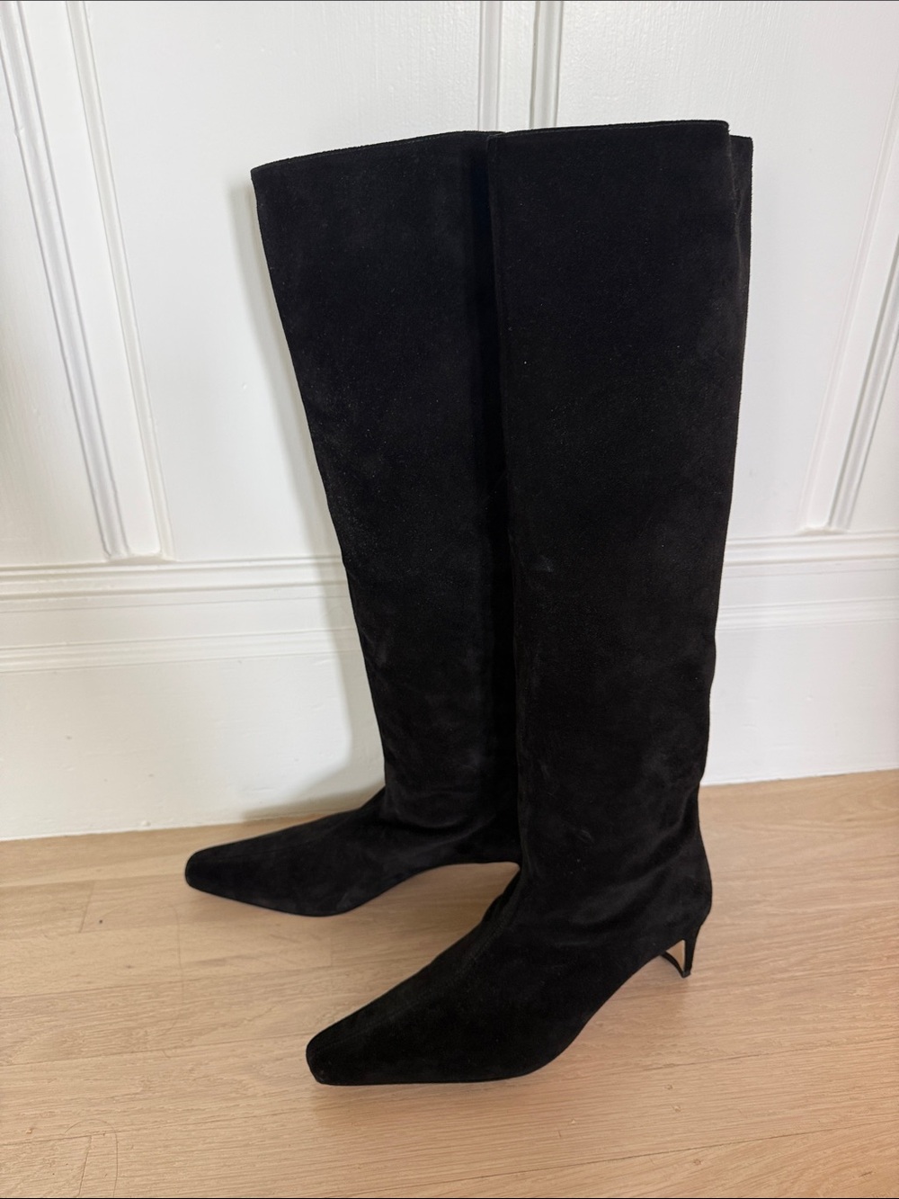 STAUD Wally Black Suede Knee-High Pointed-Toe Heeled Boots